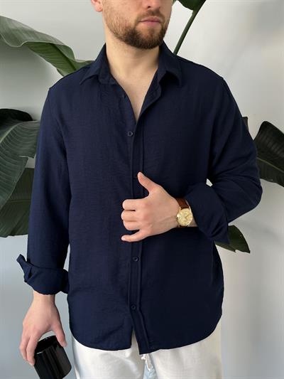 Vento Lacivert Krinkıl Kumaş Oversize Gömlek
