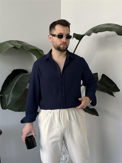 Vento Lacivert Krinkıl Kumaş Oversize Gömlek