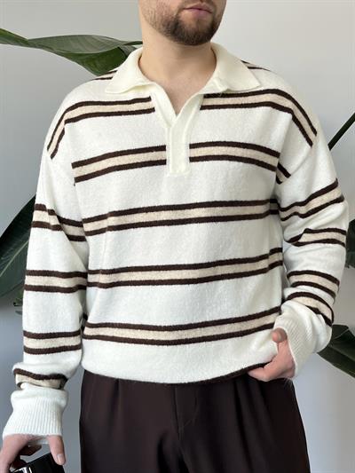 Versa Ekru Çizgili Polo Yaka Triko Kazak