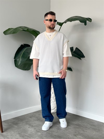 Vino Mavi Çizgili Oversize Süveter