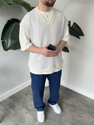 Vino Mavi Çizgili Oversize Süveter