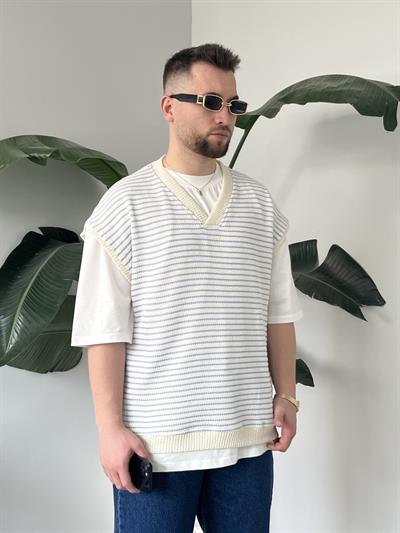 Vino Mavi Çizgili Oversize Süveter