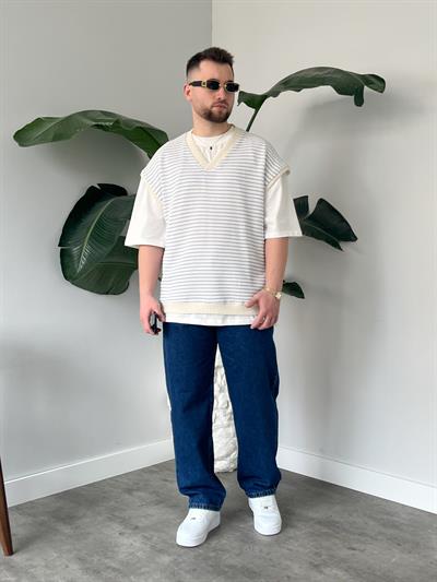 Vino Mavi Çizgili Oversize Süveter