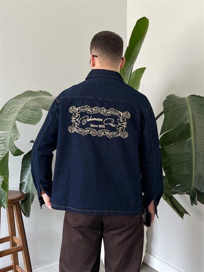 Vintage Nakış Detaylı Mavi Denim Ceket