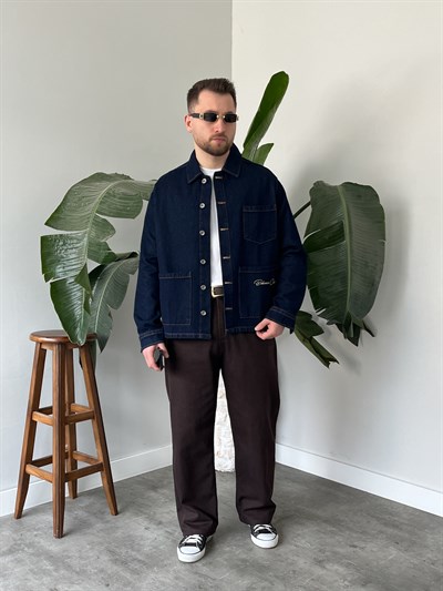 Vintage Nakış Detaylı Mavi Denim Ceket