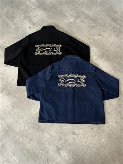 Vintage Nakış Detaylı Mavi Denim Ceket