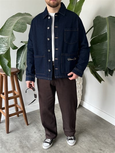 Vintage Nakış Detaylı Mavi Denim Ceket