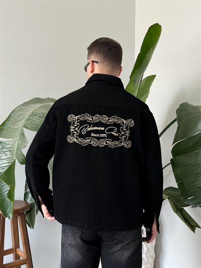 Vintage Nakış Detaylı Siyah Denim Ceket