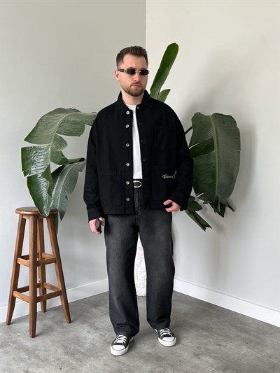 Vintage Nakış Detaylı Siyah Denim Ceket