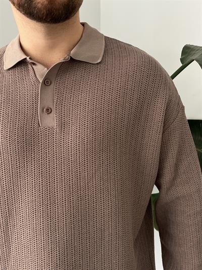 Vizon Waffle Dokulu Polo Yaka Örme Triko Sweatshirt