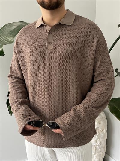 Vizon Waffle Dokulu Polo Yaka Örme Triko Sweatshirt