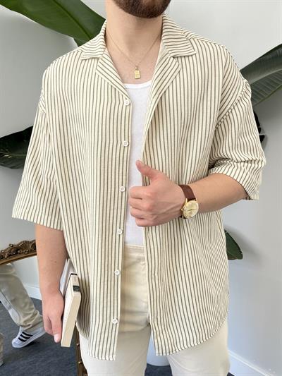 Yeşil Çizgili Etamin Keten Oversize Gömlek