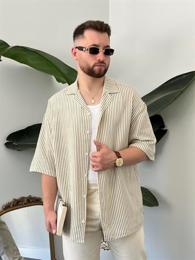 Yeşil Çizgili Etamin Keten Oversize Gömlek