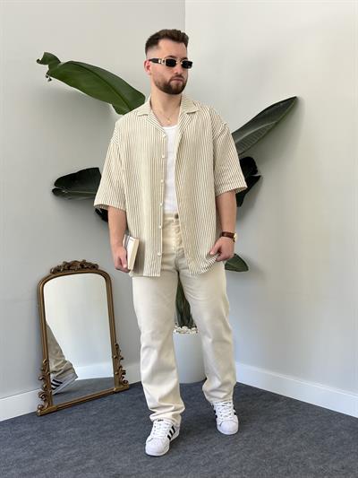 Yeşil Çizgili Etamin Keten Oversize Gömlek