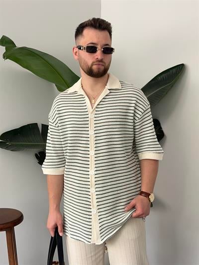 Yeşil Çizgili Gömlek Görünümlü Oversize T-shirt