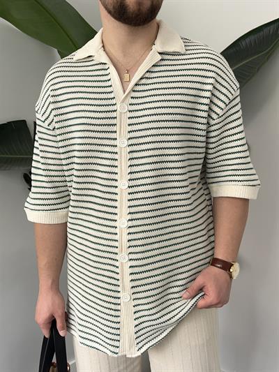 Yeşil Çizgili Gömlek Görünümlü Oversize T-shirt