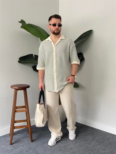 Yeşil Çizgili Gömlek Görünümlü Oversize T-shirt