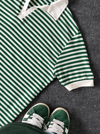 Yeşil Çizgili Polo Yaka Triko T-shirt