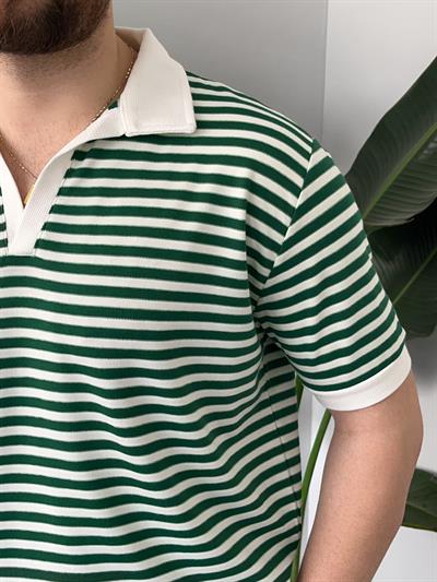 Yeşil Çizgili Polo Yaka Triko T-shirt