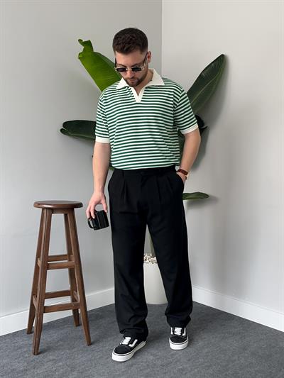 Yeşil Çizgili Polo Yaka Triko T-shirt