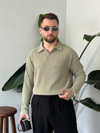 Yeşil Fitilli Polo Yaka Triko Sweat