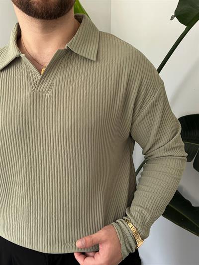 Yeşil Fitilli Polo Yaka Triko Sweat