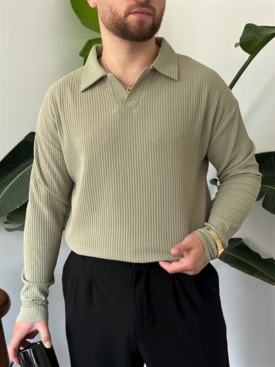 Yeşil Fitilli Polo Yaka Triko Sweat