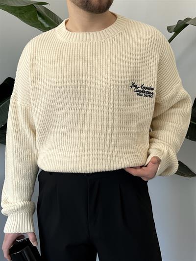 Zenith Krem LA Nakışlı Oversize Örgü Kazak