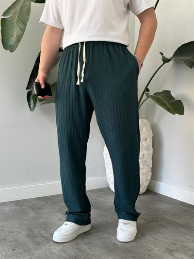 Zümrüt Çizgi Desenli Bağcık Detaylı Baggy Pantolon
