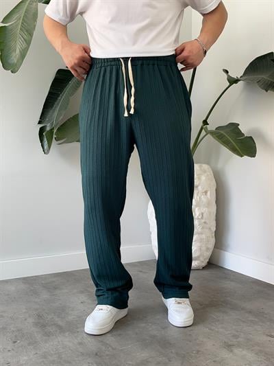 Zümrüt Çizgi Desenli Bağcık Detaylı Baggy Pantolon