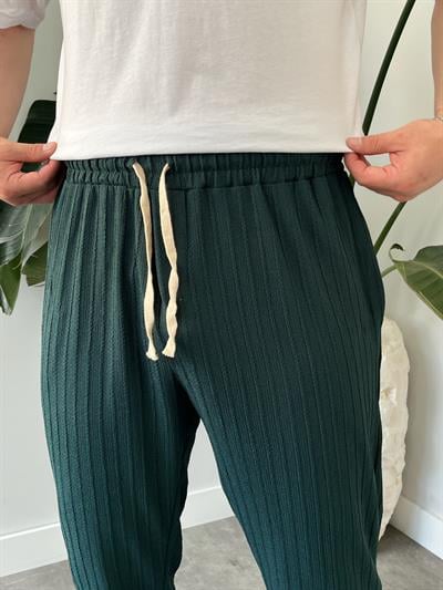Zümrüt Çizgi Desenli Bağcık Detaylı Baggy Pantolon