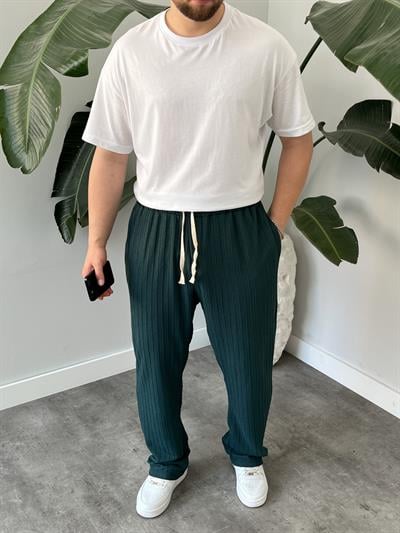 Zümrüt Çizgi Desenli Bağcık Detaylı Baggy Pantolon