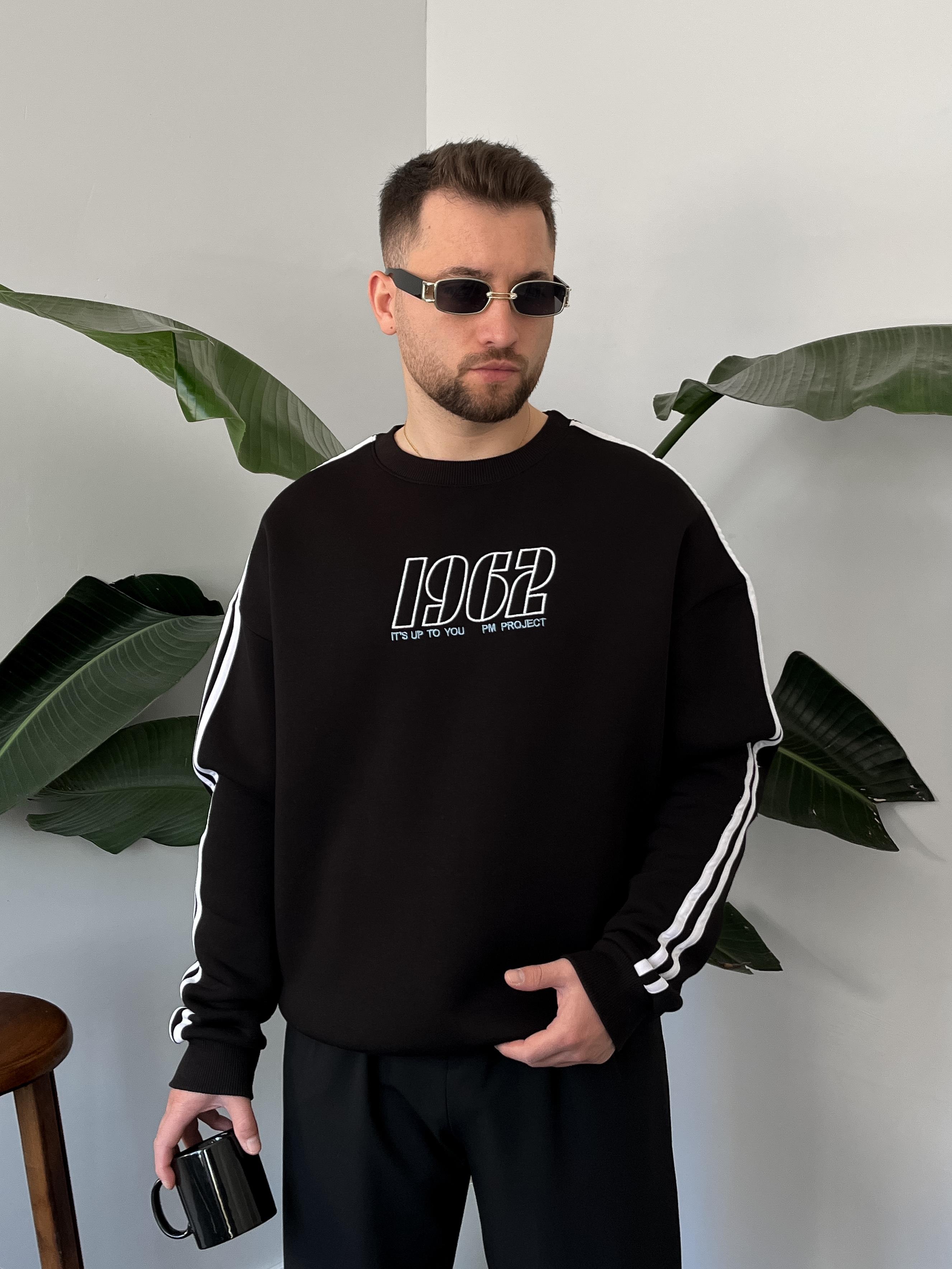 1962 Nakışlı Siyah Üç İplik Şardonlu Basic Sweatshirt