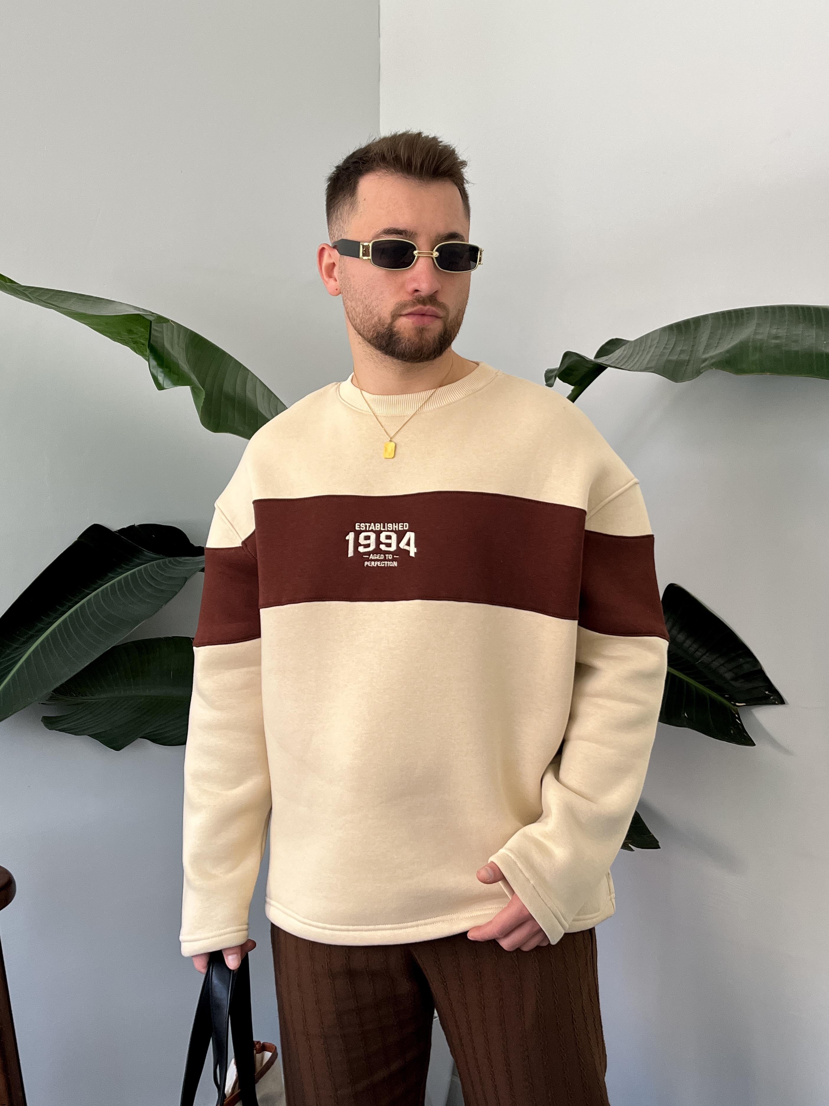 1994 Nakışlı Krem Üç İplik Şardonlu Sweatshirt