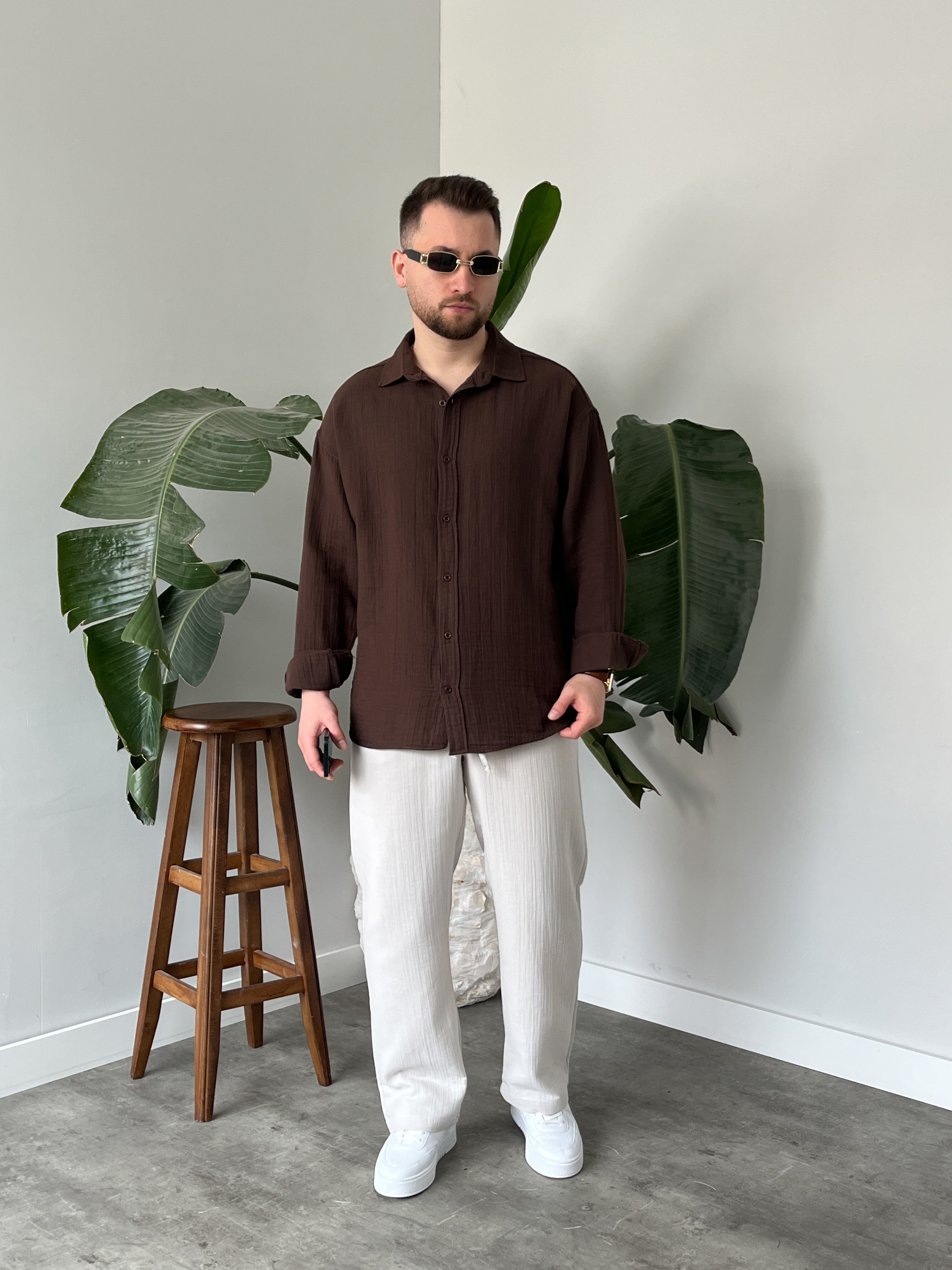 Acı Kahve Müslin Dokulu Oversize Gömlek