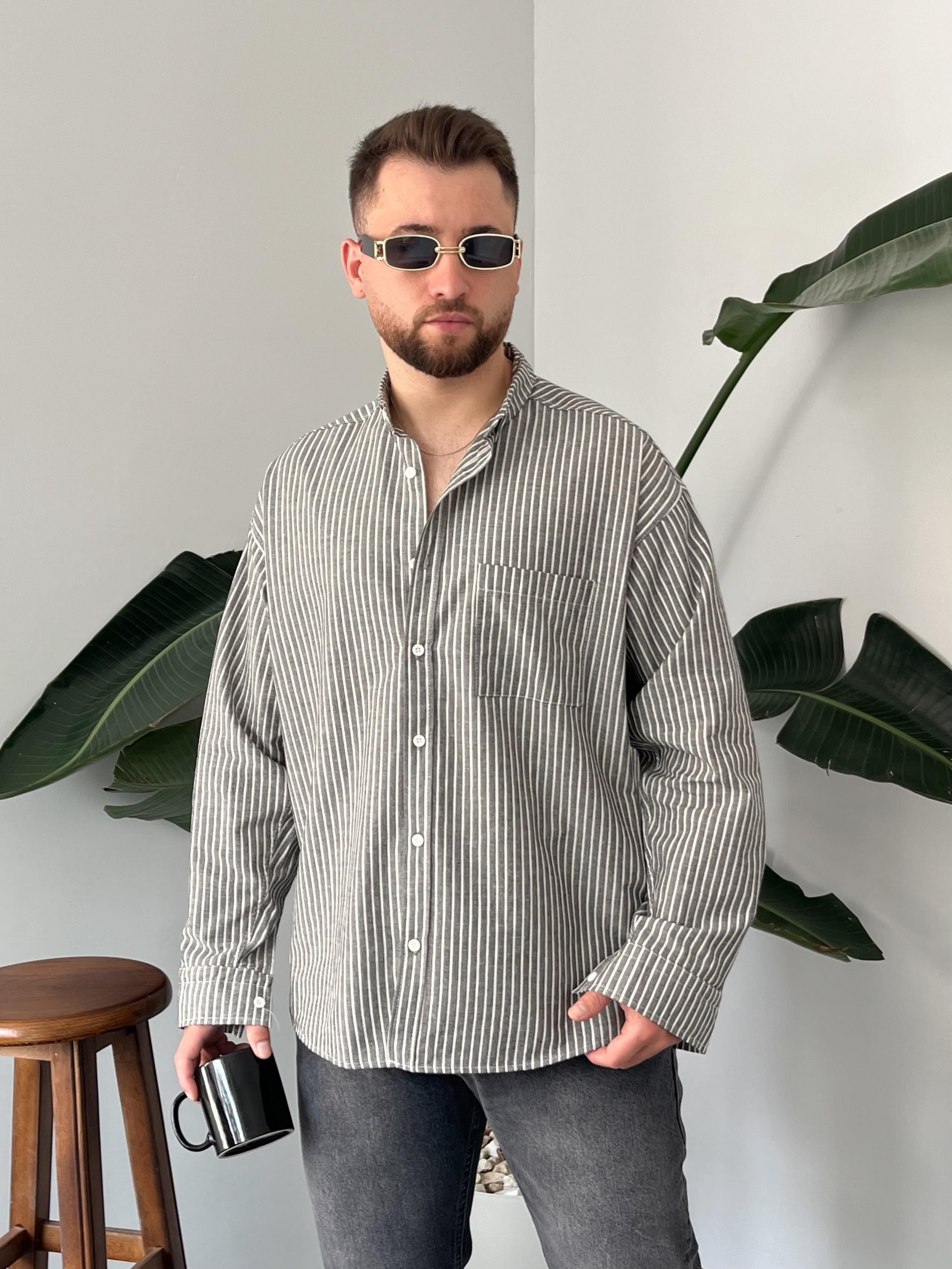 Antrasit Casual Çizgili Oversize Gömlek