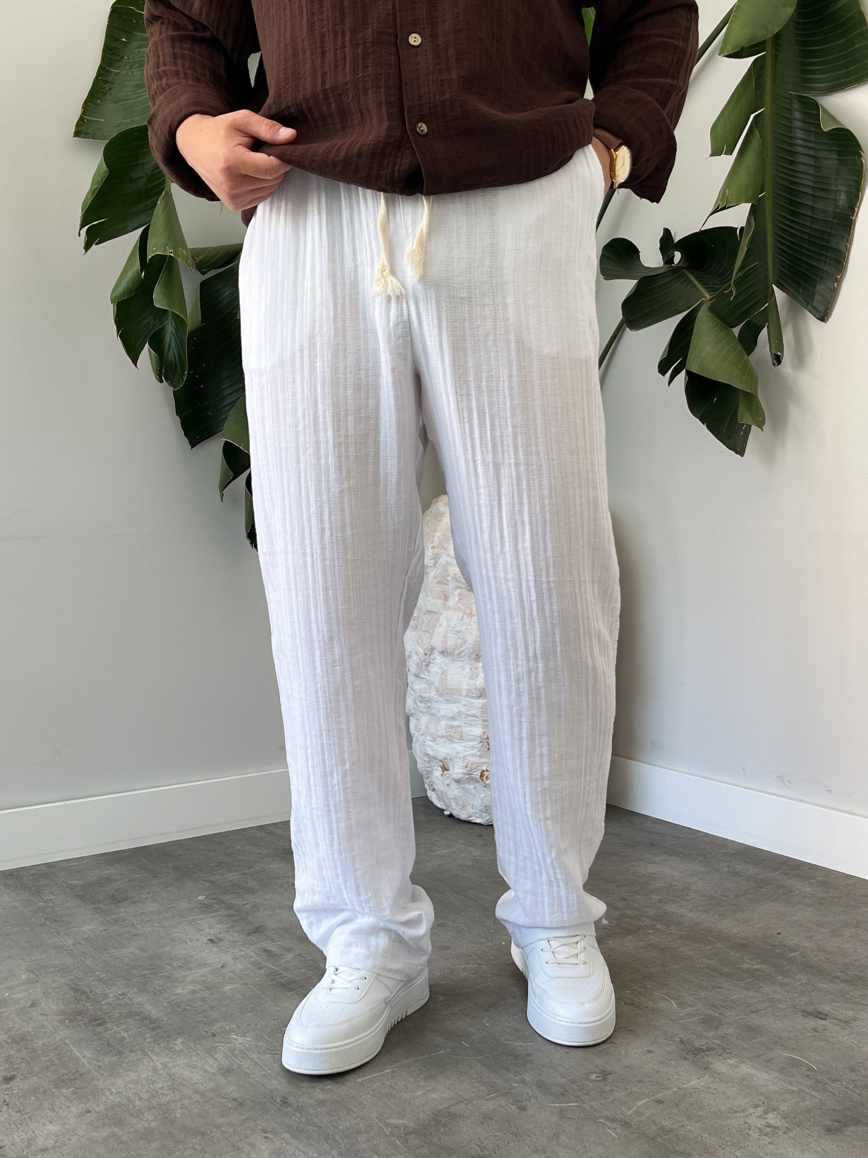 Beyaz Armürlü Müslin Baggy Pantolon
