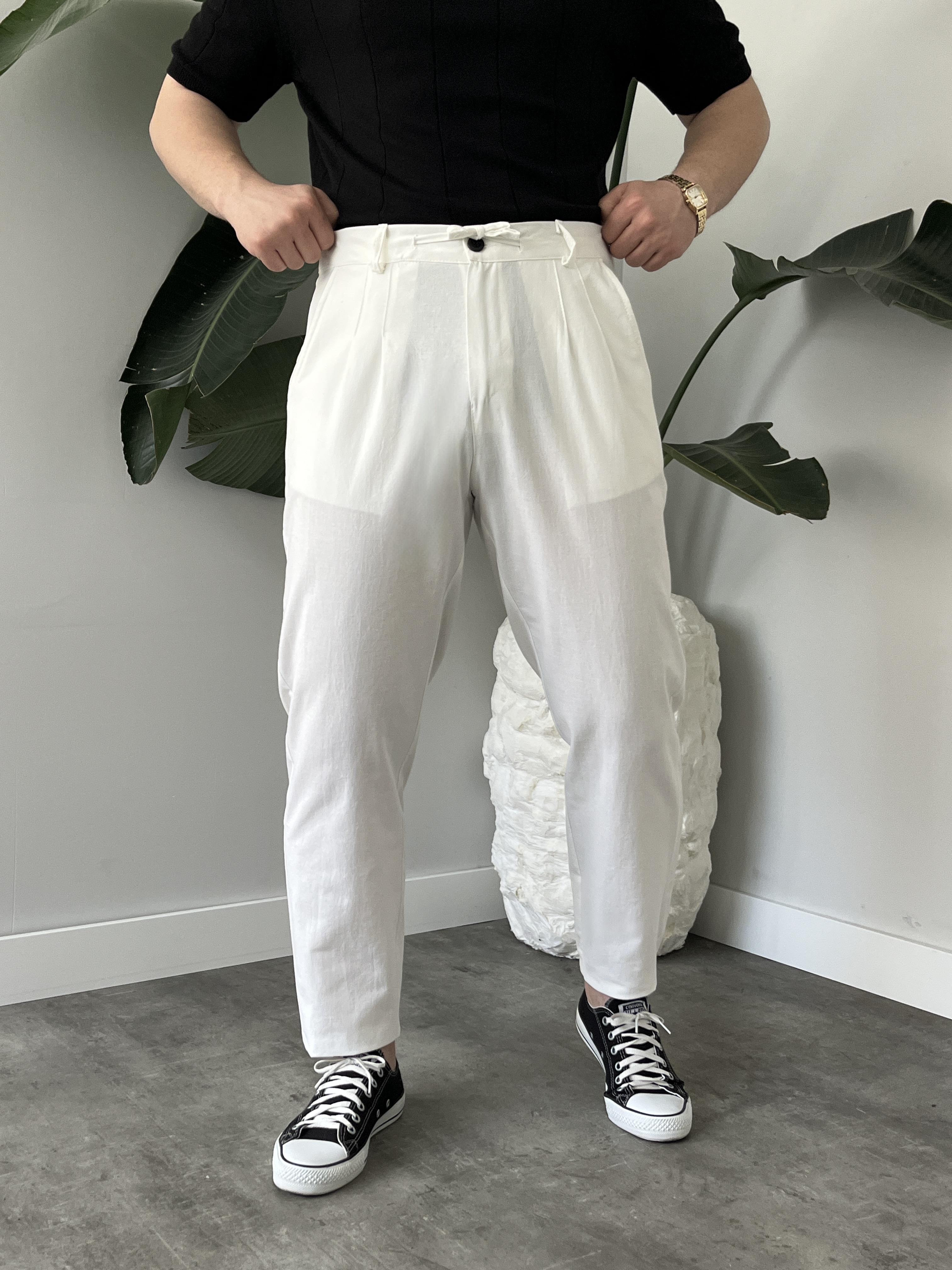 Beyaz Bağlama Detaylı Keten Boyfriend Pantolon