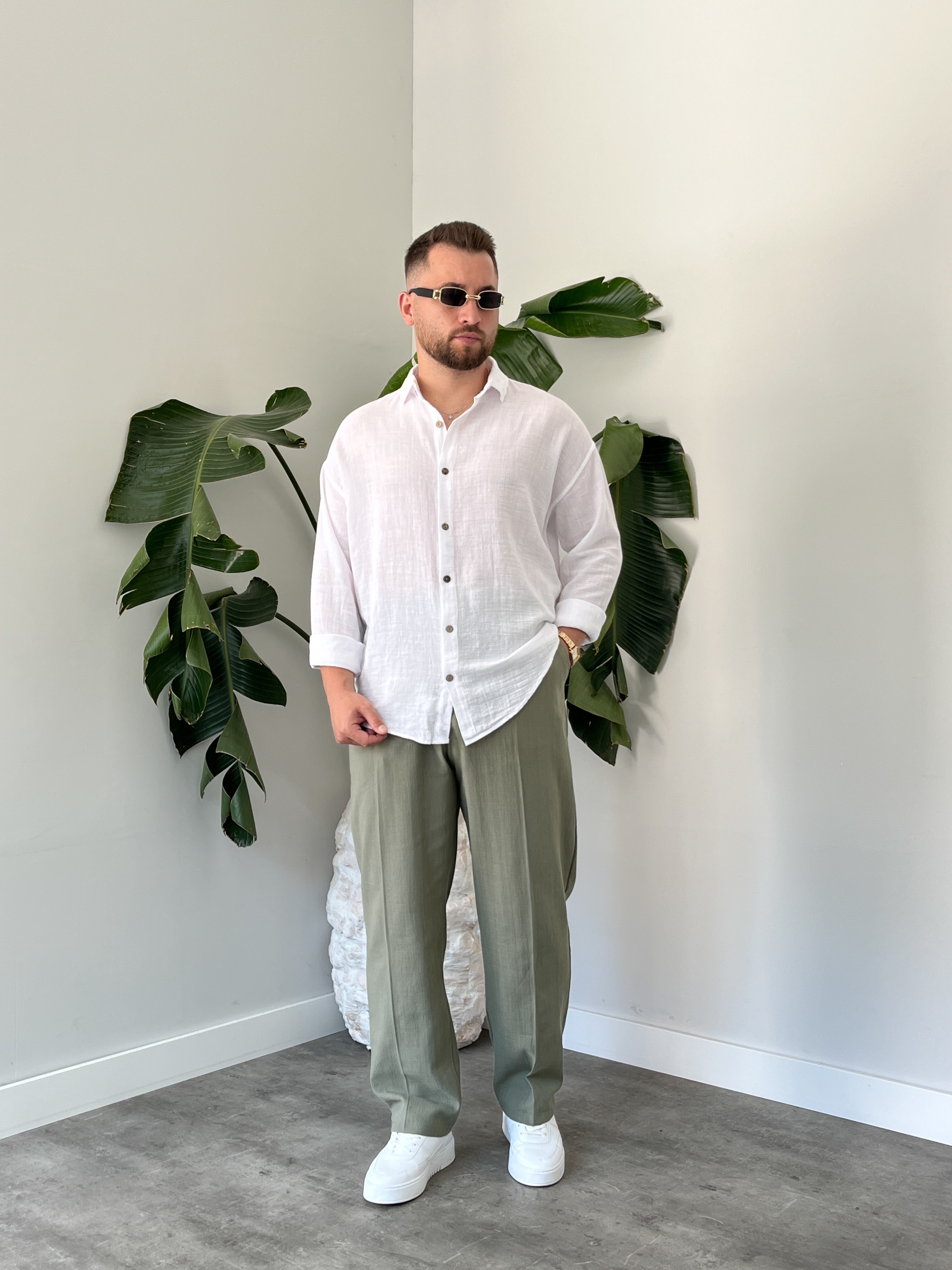 Beyaz Etamin Keten Oversize Gömlek