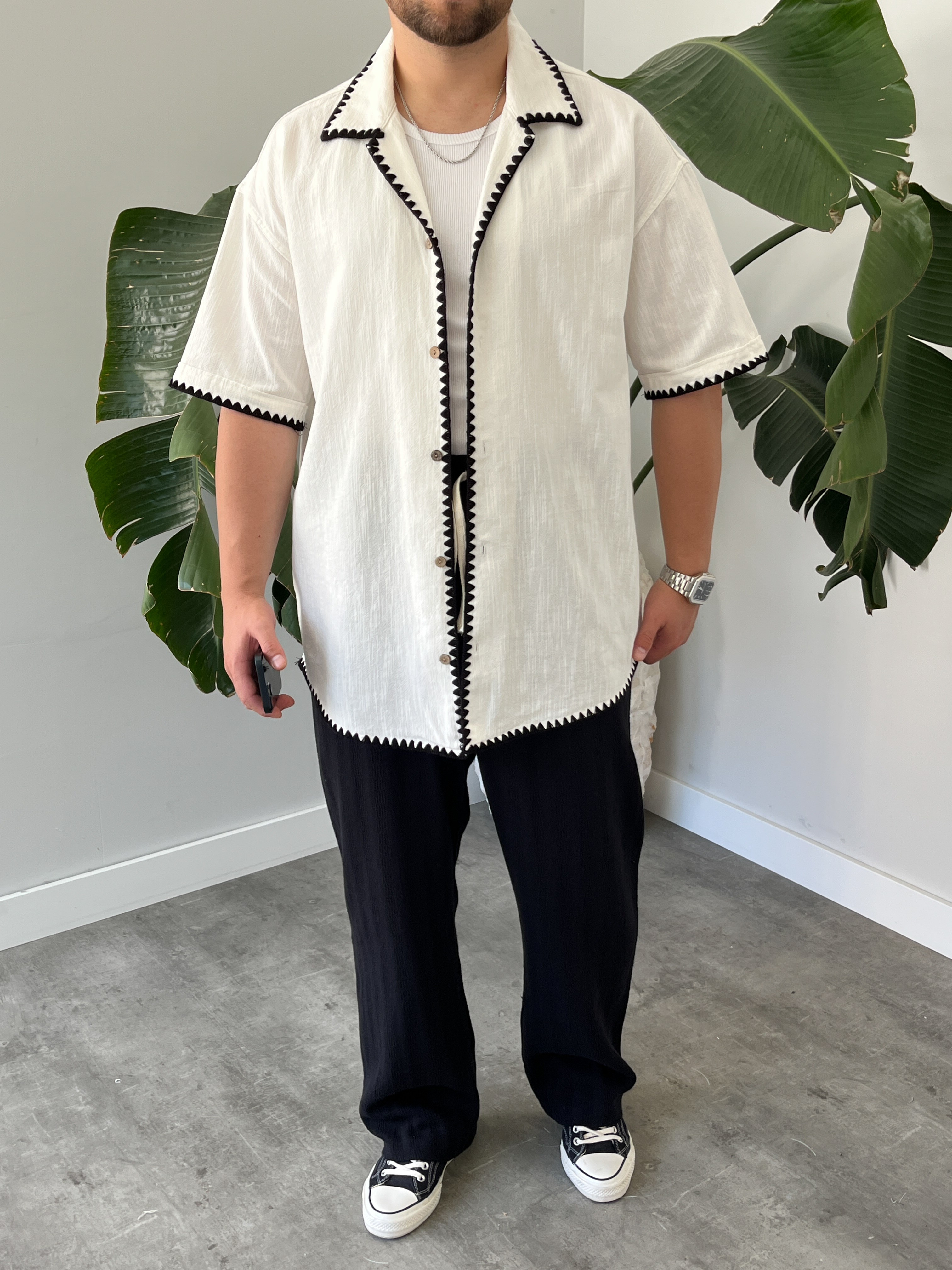 Beyaz Kontrast Dikiş Keten Oversize Gömlek