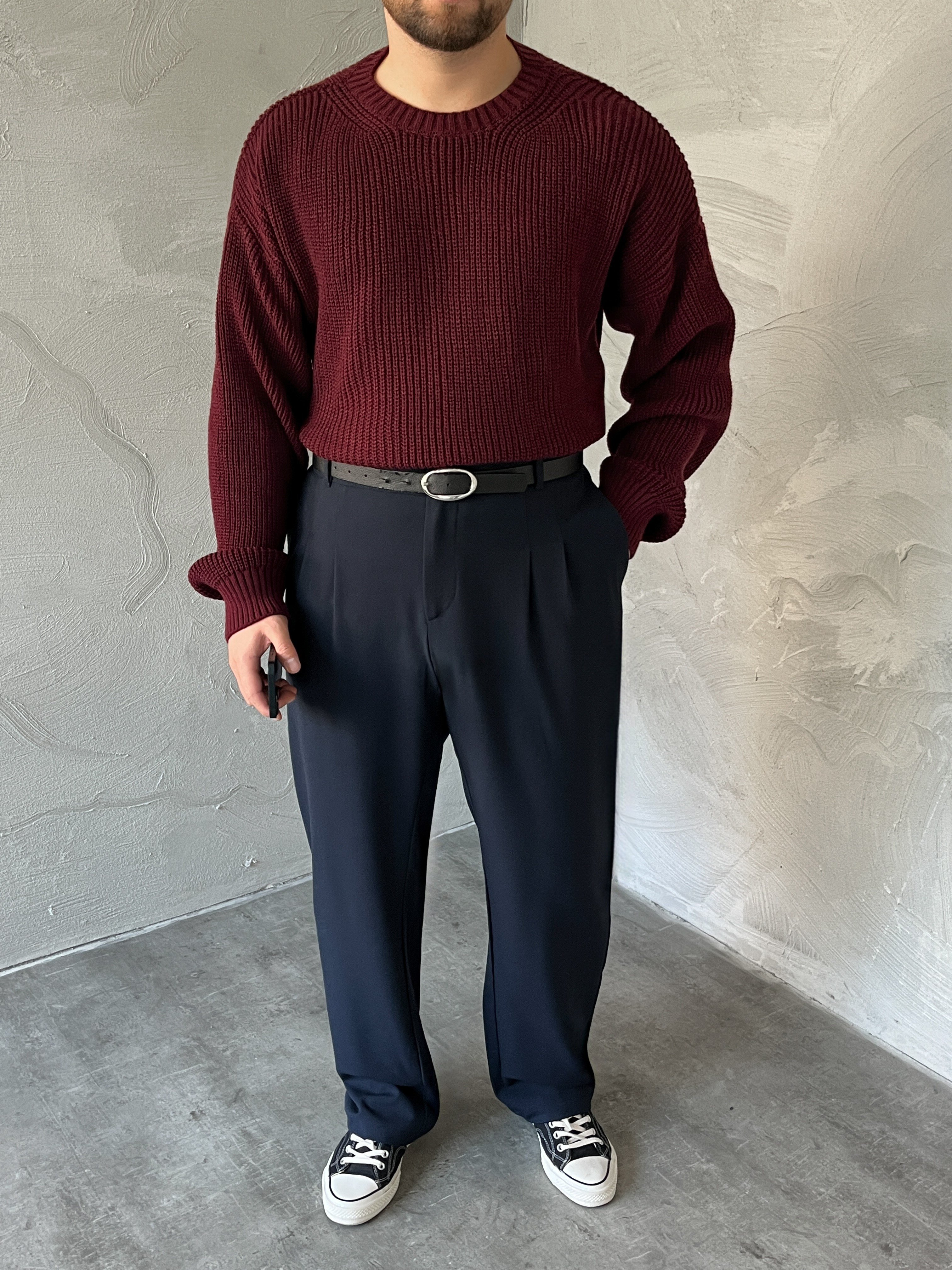 Bordo Basic Örgü Oversize Kazak