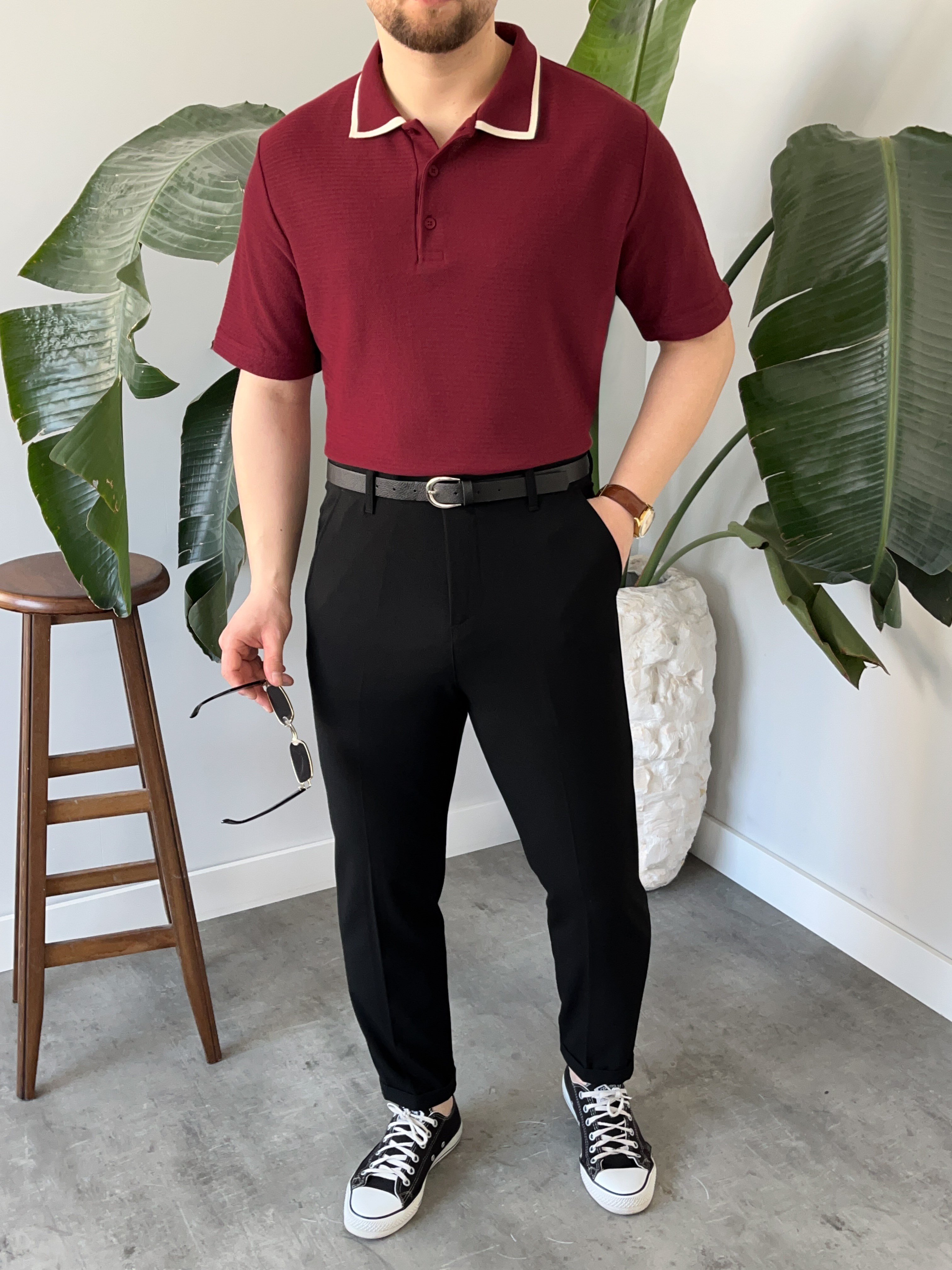 Bordo Çizgi Detay Polo Yaka Triko T-shirt