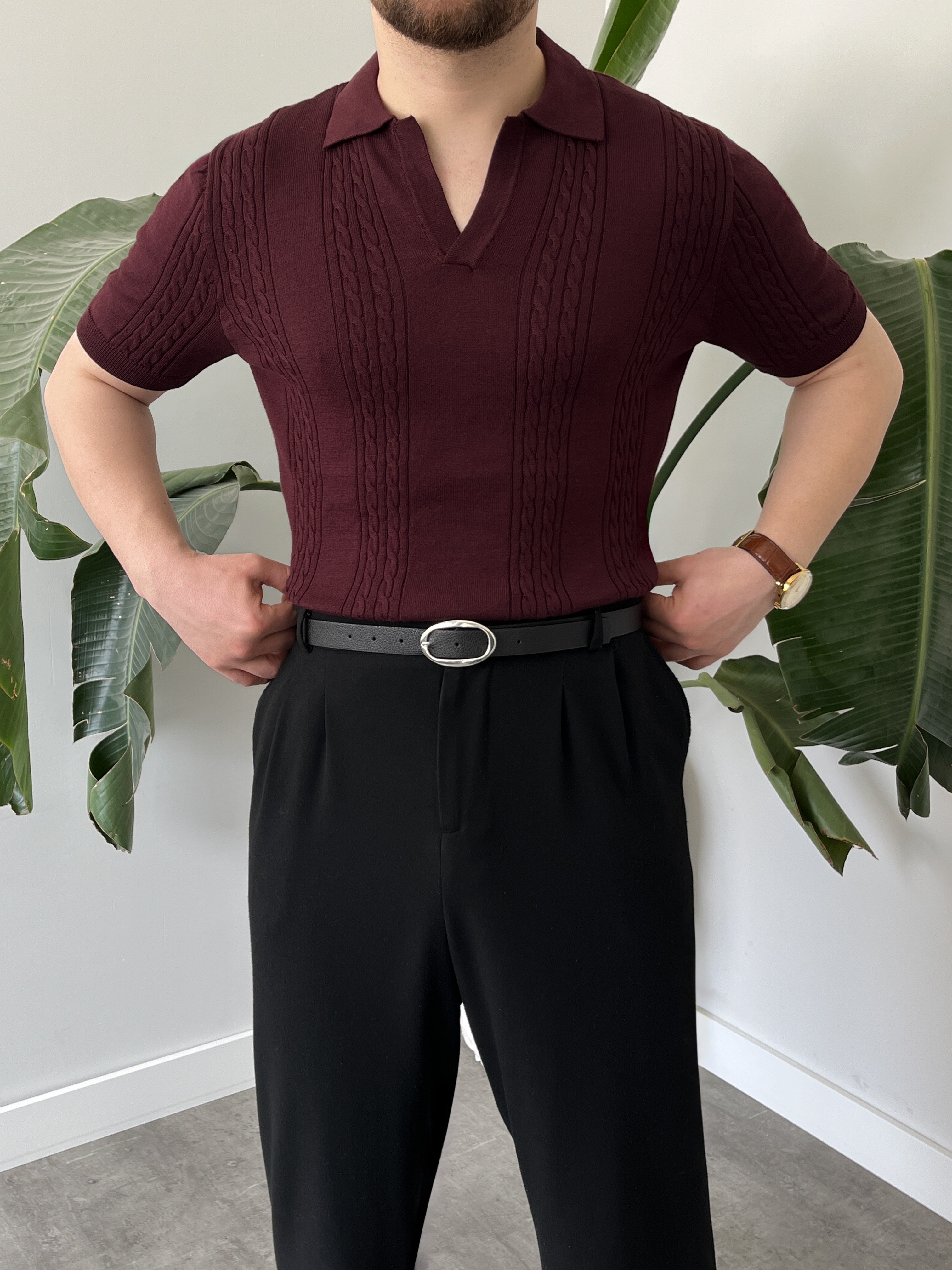 Bordo Örgü Desen Triko T-shirt