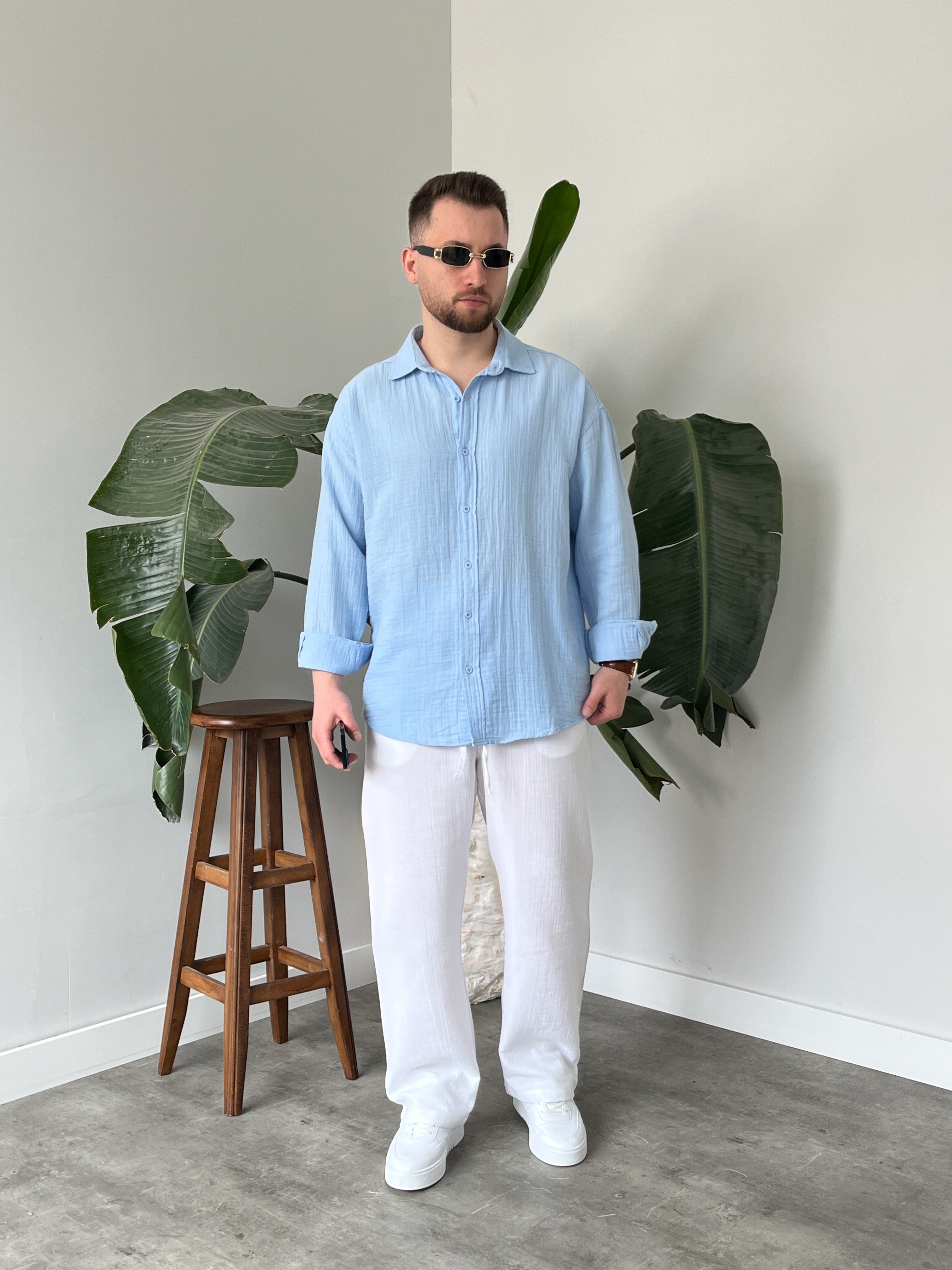 Buz Mavi Müslin Dokulu Oversize Gömlek