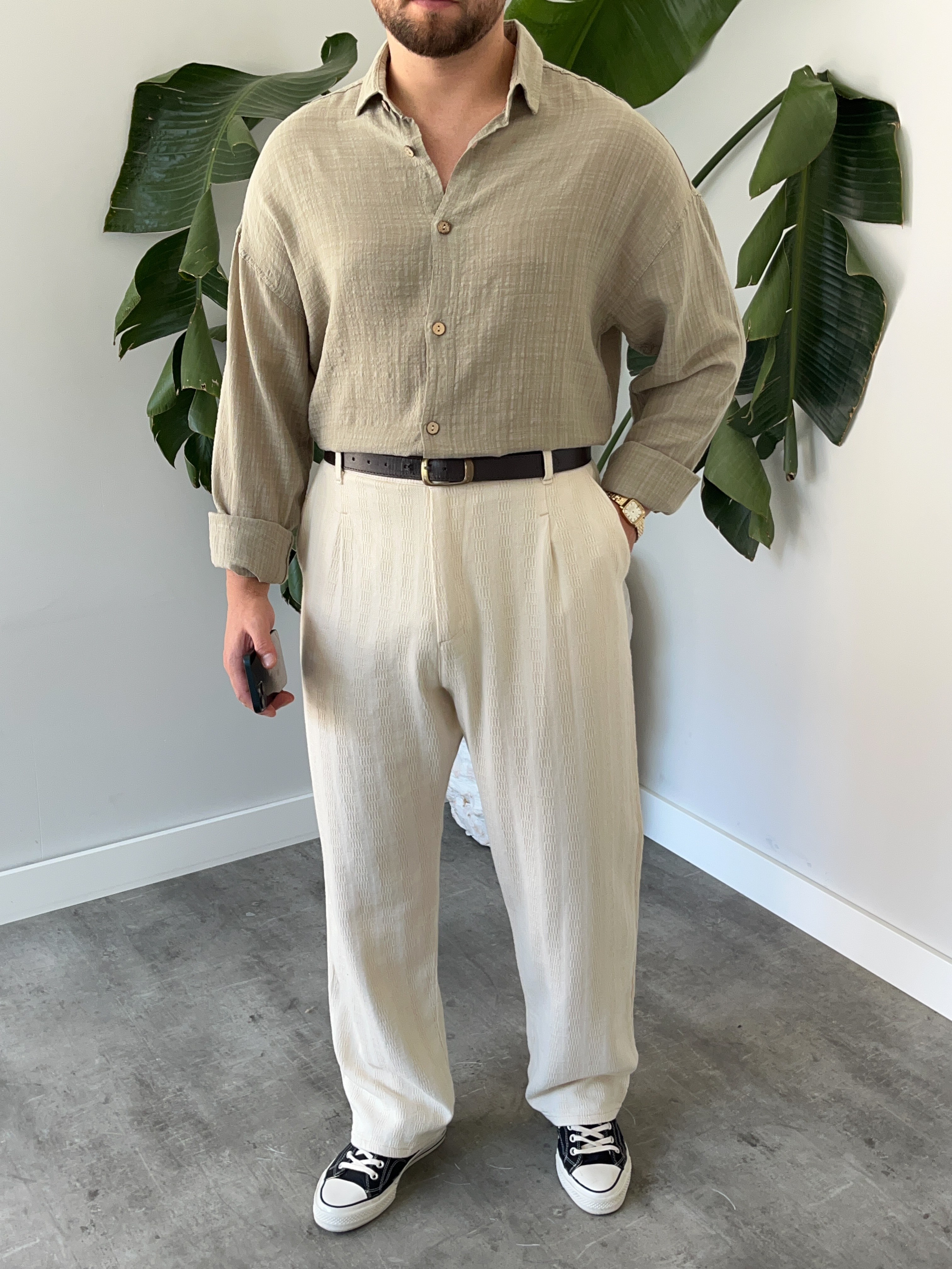 Çağla Gofre Keten Oversize Gömlek