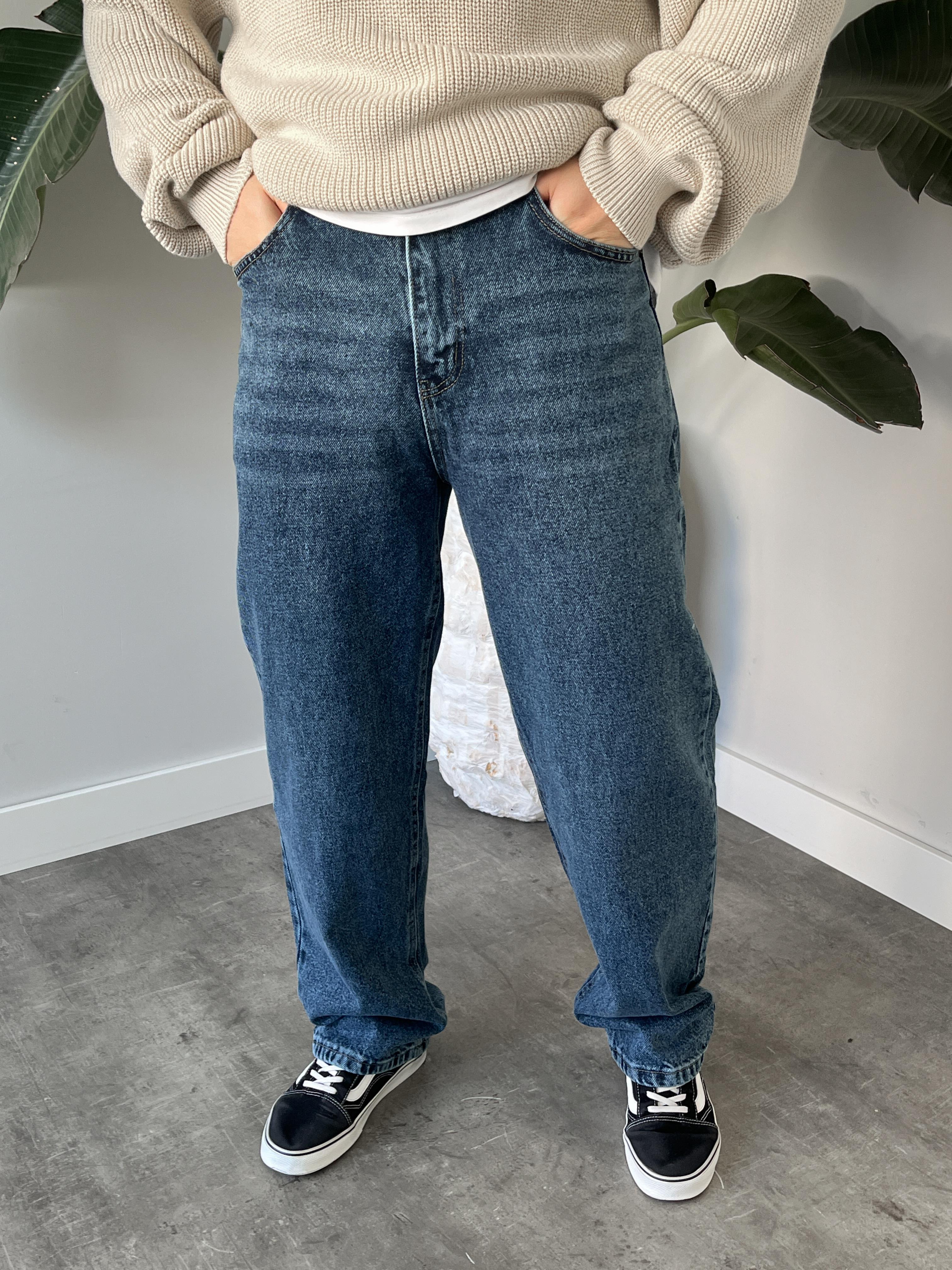 Dark Blue Yıkamalı Efekt Detaylı Baggy Jean