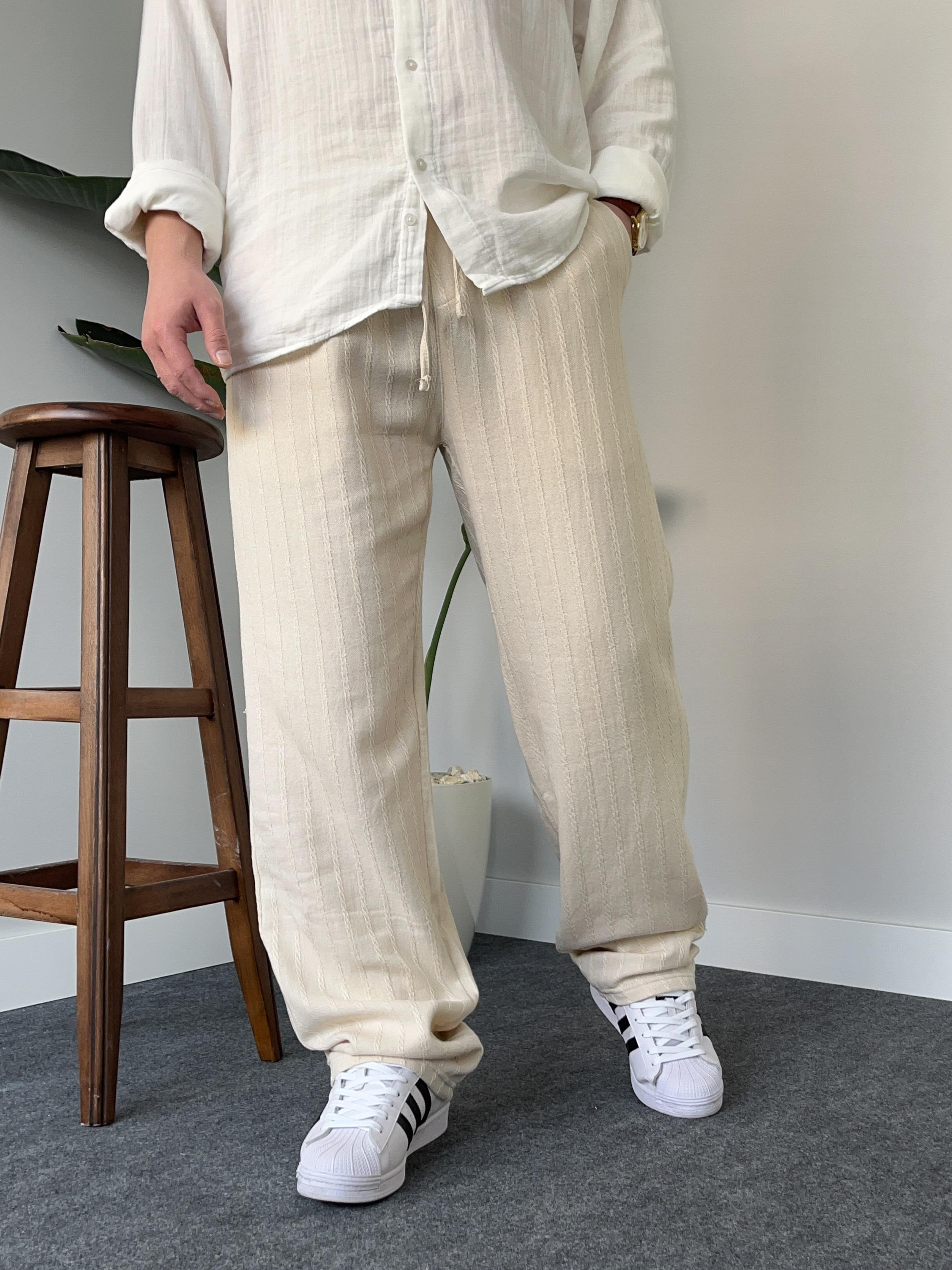 Desenli Krem Baggy Keten Pantolon