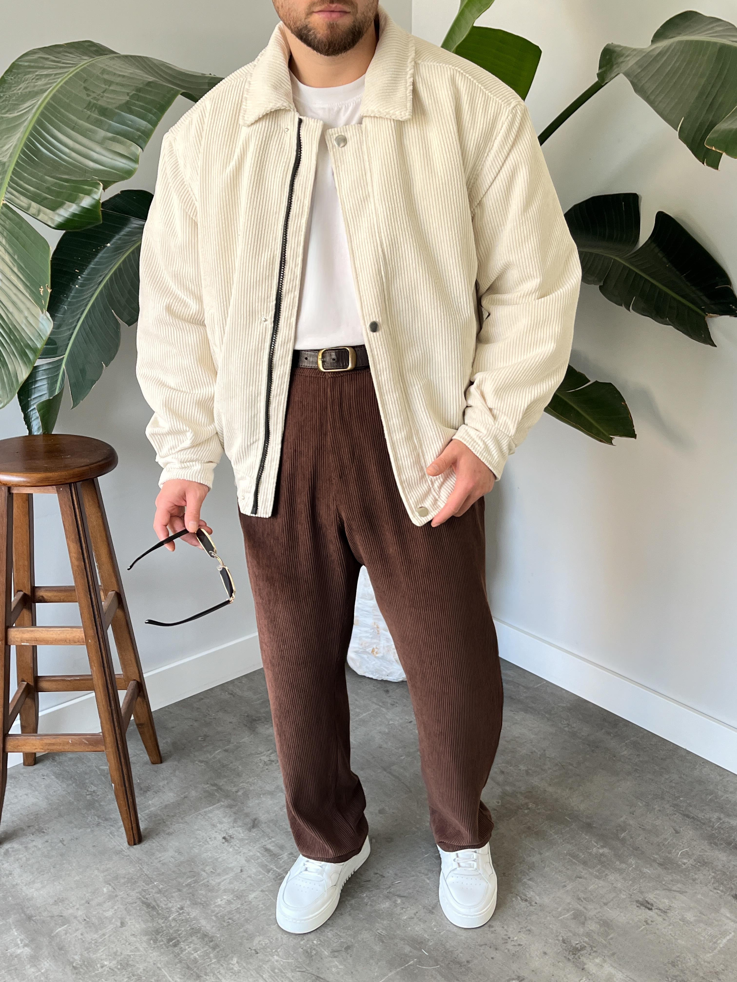 Ekru Fitilli Kadife Bomber Mont