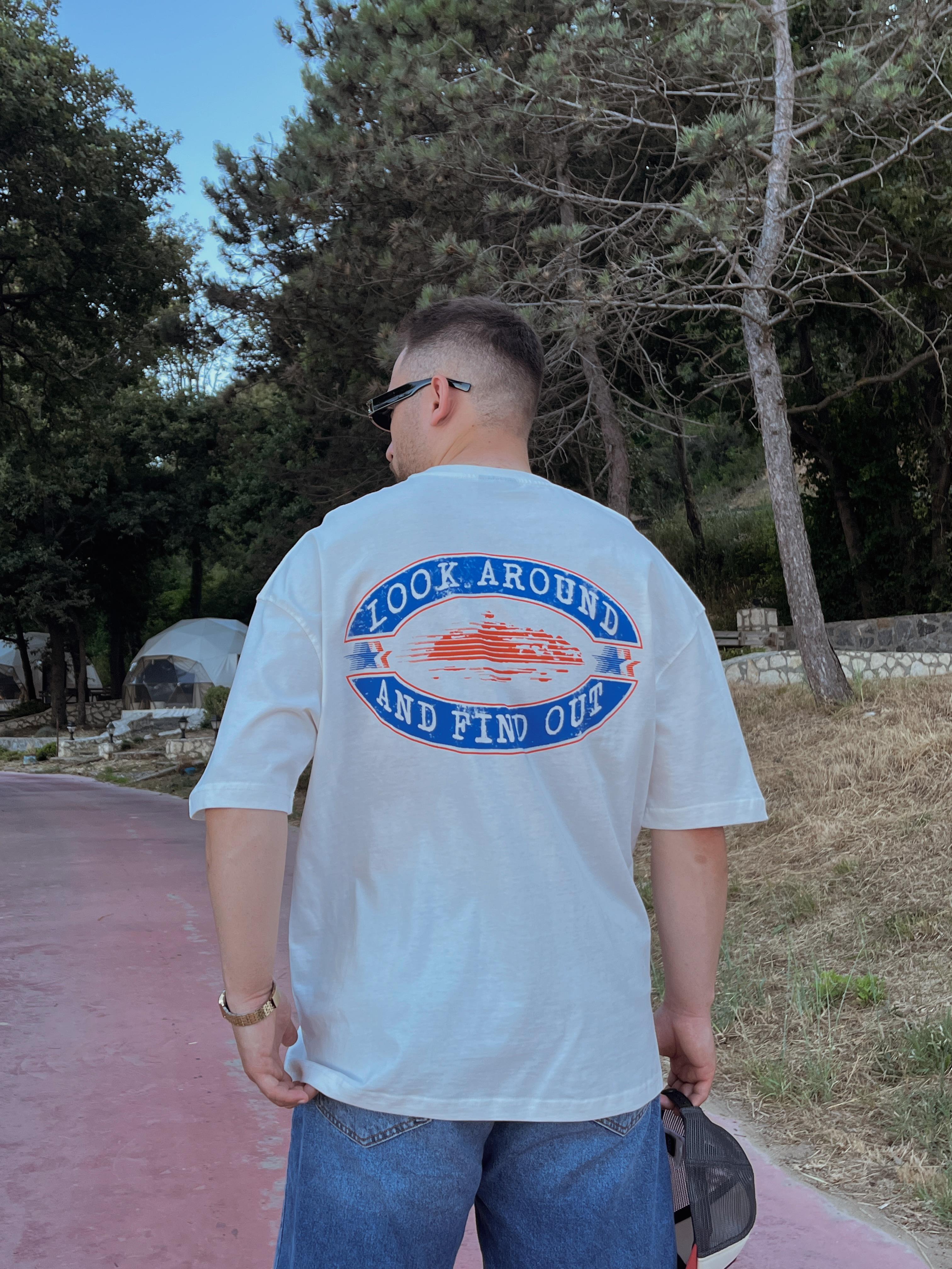 Ekru Stars Baskılı Oversize T-shirt