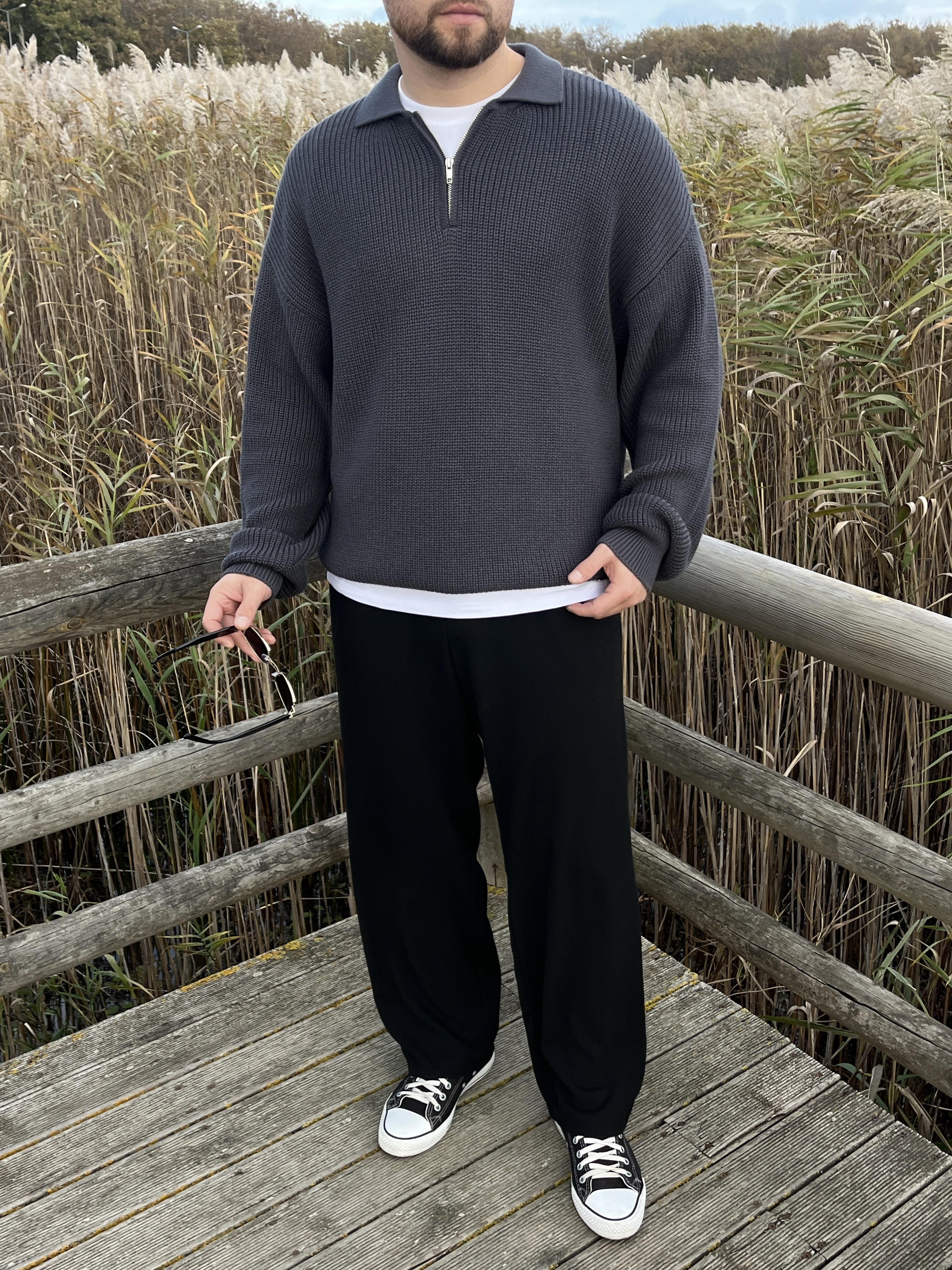 Elite Füme Zip Polo Oversize Örgü Kazak